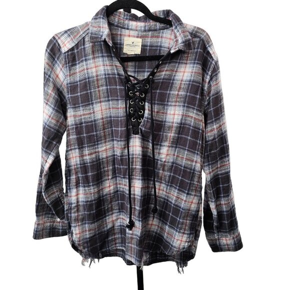 American Eagle Plaid Button Down Shirt Oversized Stretch Soft Cozy Fall Top - Picture 10 of 10